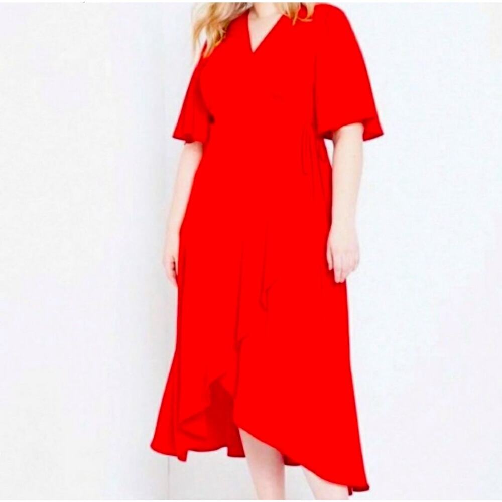 NWT Eloquii Wrap Dress High Low Flutter Sleeve Red Size 14